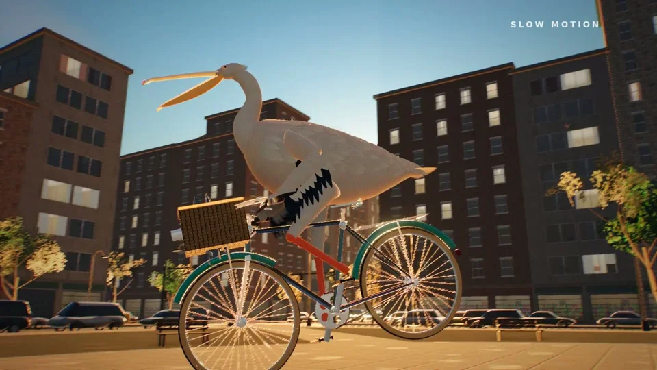 Pelican rides a bicycle down a sunlit Three.js street