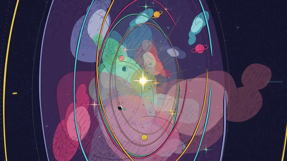 Colorful orbit rings encircle a glowing cosmic core