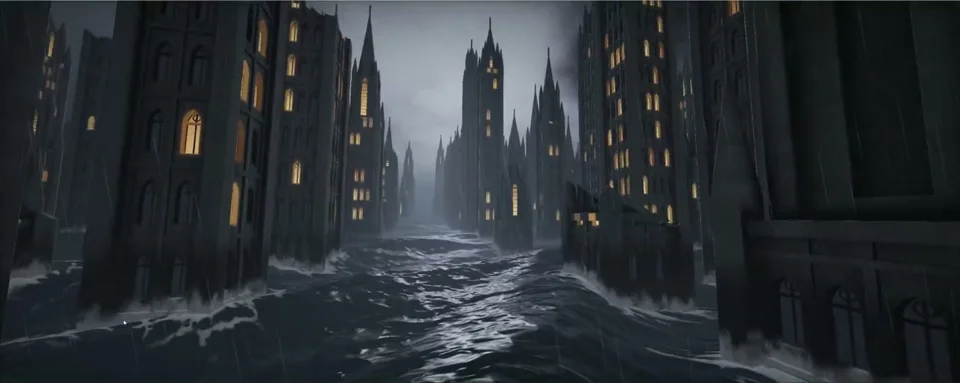 Drowned neo-gothic towers in a stormy twigl shader