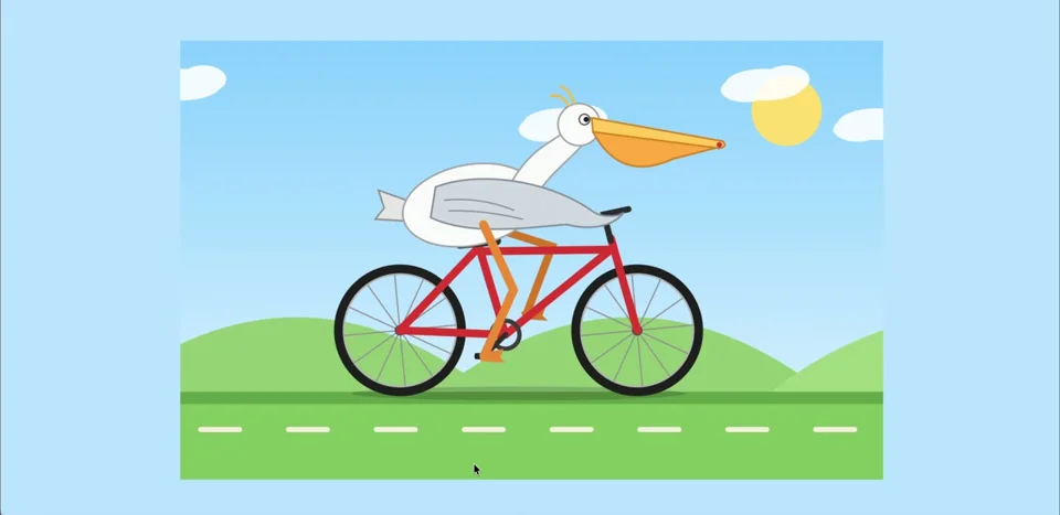 Flat vector pelican pedals a red bicycle