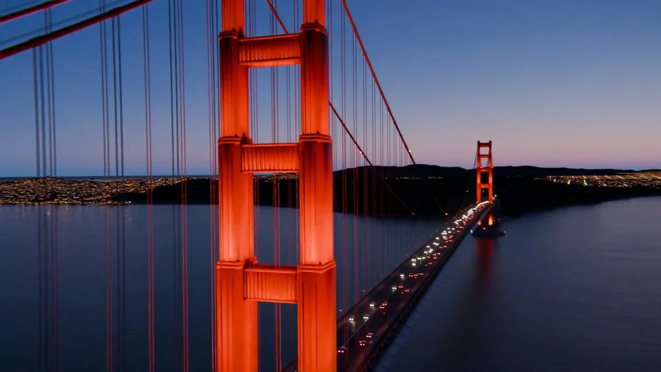 Golden Gate Bridge at dusk, built entirely in code