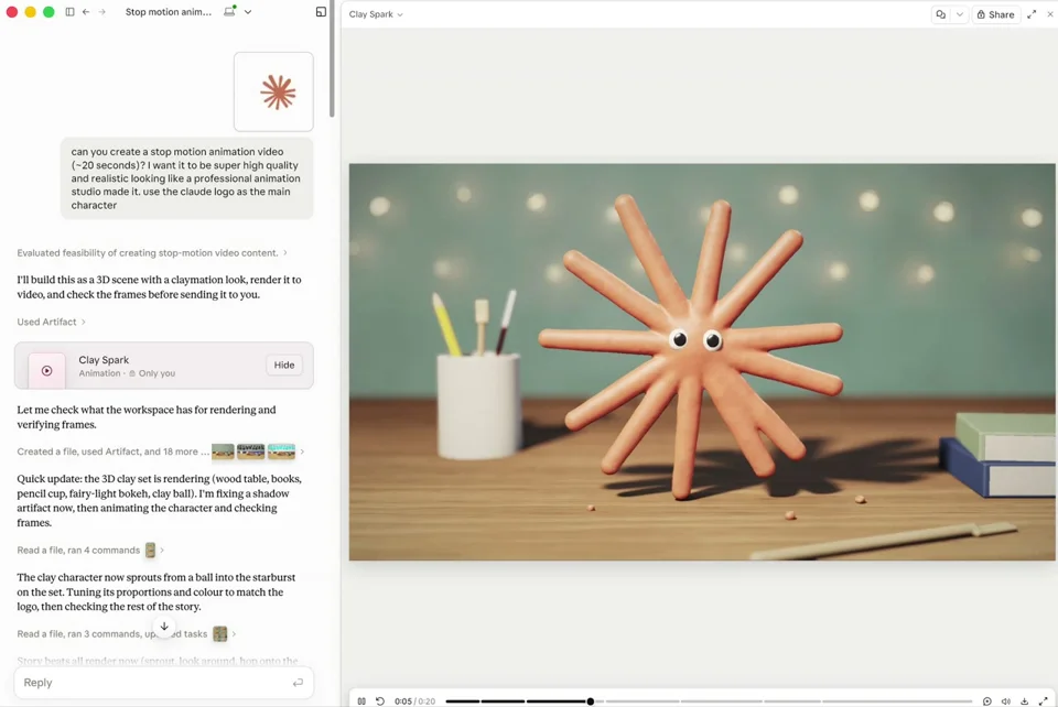 Claymation starburst character springs up on a desk