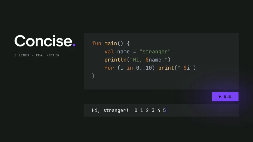 Kotlin promo types and runs a five-line program