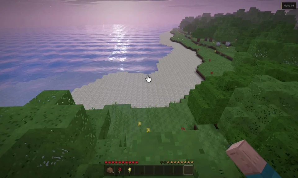 Browser Minecraft clone overlooking a violet sunset sea