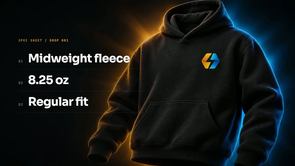 Black hoodie merch drop with a glowing spec sheet