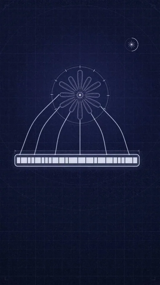 Blueprint flower unfurls over a row of token blocks
