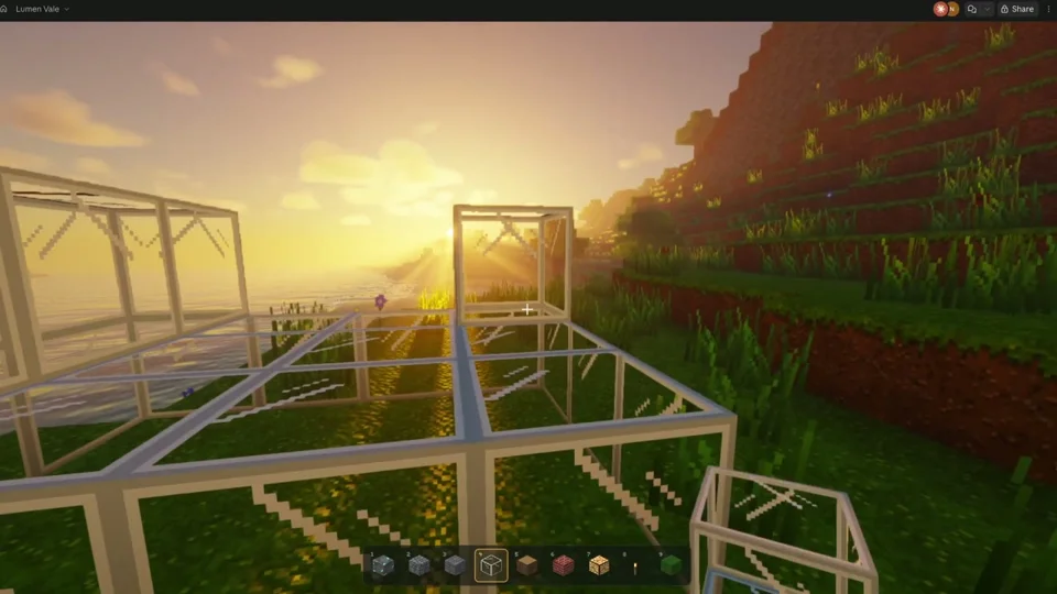 Browser Minecraft clone with sunset shaders and glass blocks