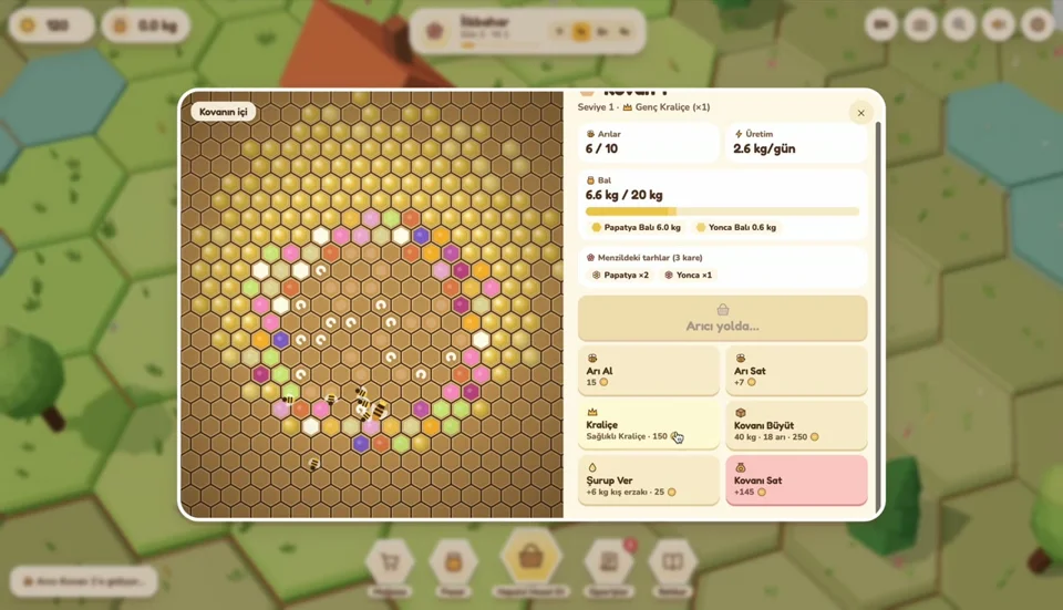 Beekeeping sim with a hexagonal hive management panel