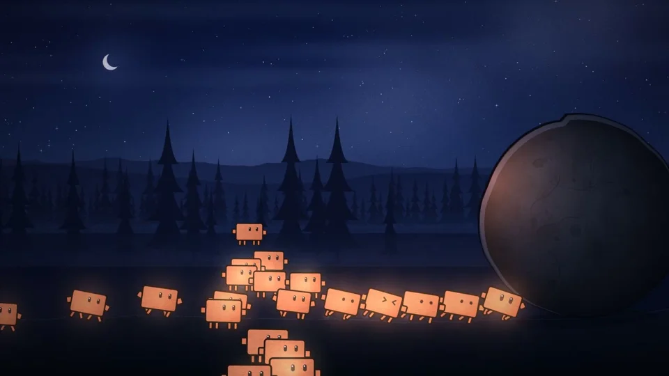 Glowing block creatures push a giant boulder at night