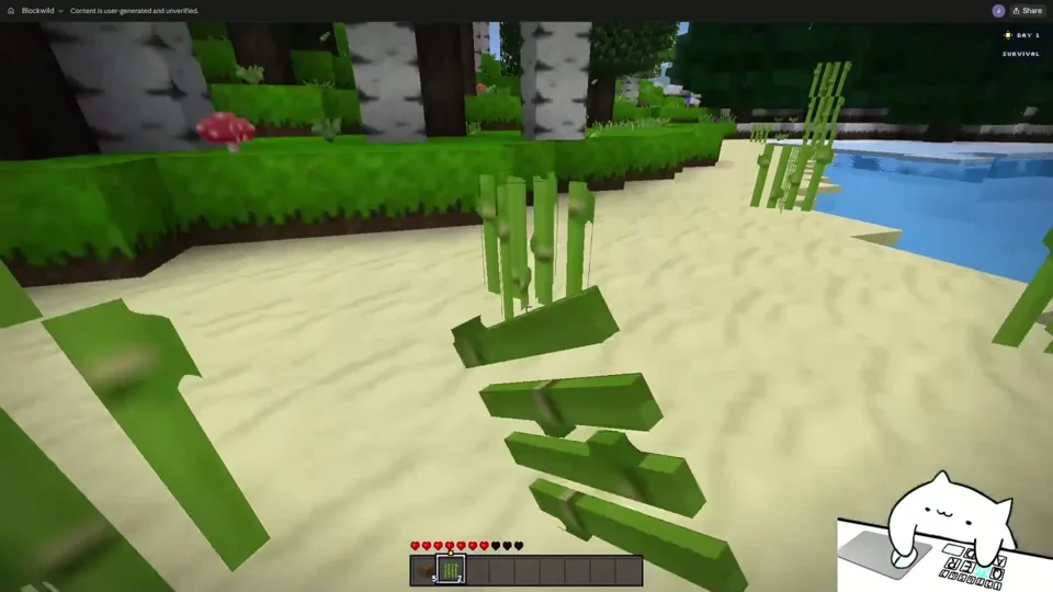 Minecraft-style survival clone with sugarcane on a beach