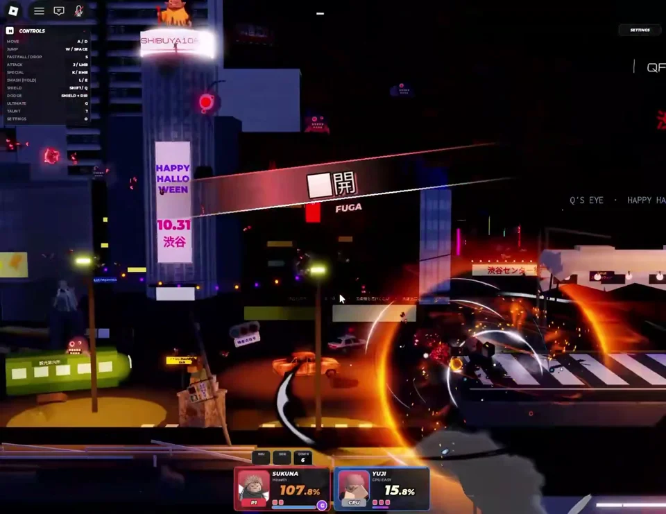 Roblox anime platform fighter set on a neon Shibuya street