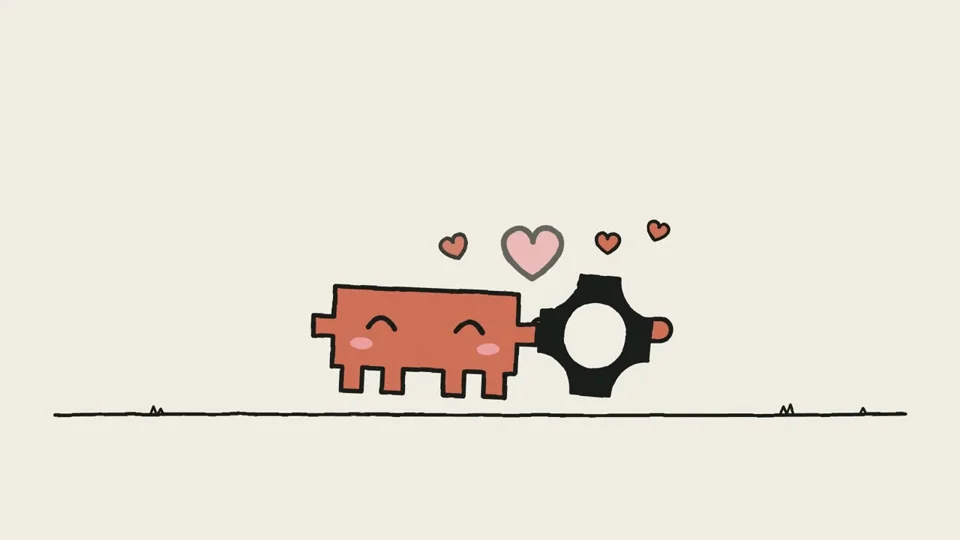 Two doodled shapes click together with hearts