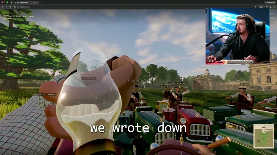 Multiplayer lawn-mowing sim with beers and vintage tractors