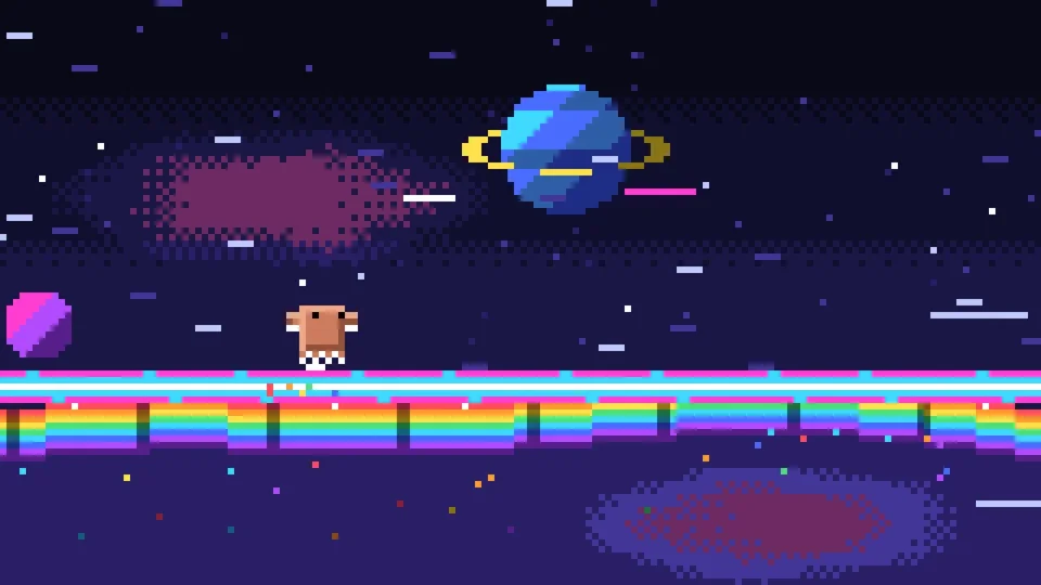 Pixel-art critter runs along a cosmic rainbow road