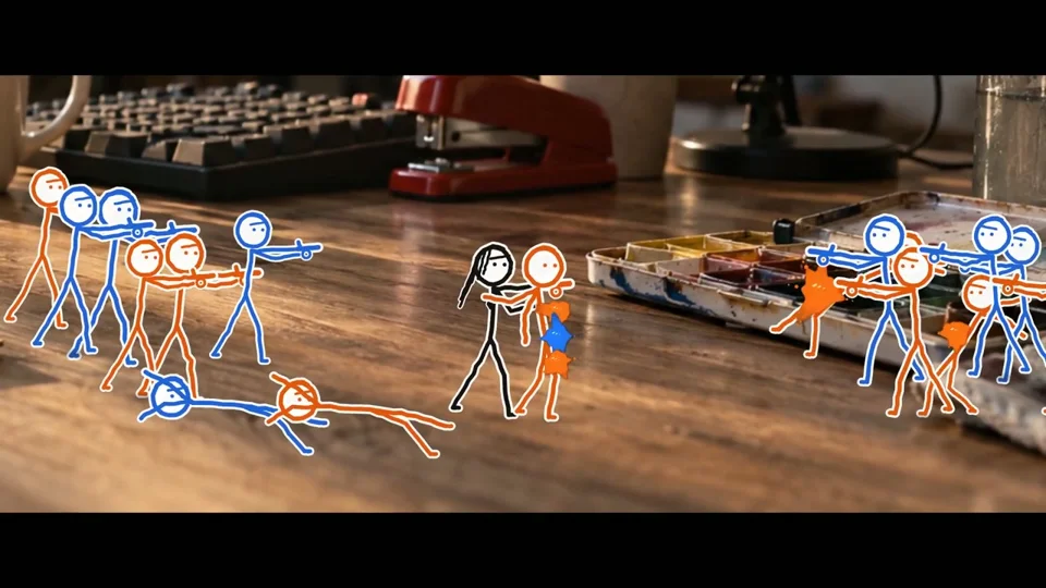 Stick-figure John Wick shootout on a wooden desk
