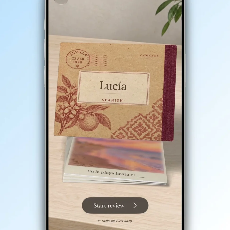 Vintage postal notebook opens a language-learning app