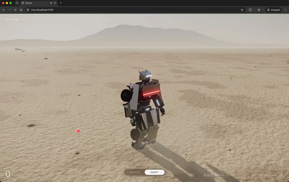 Cybertruck-style robot walks across a desert in Three.js