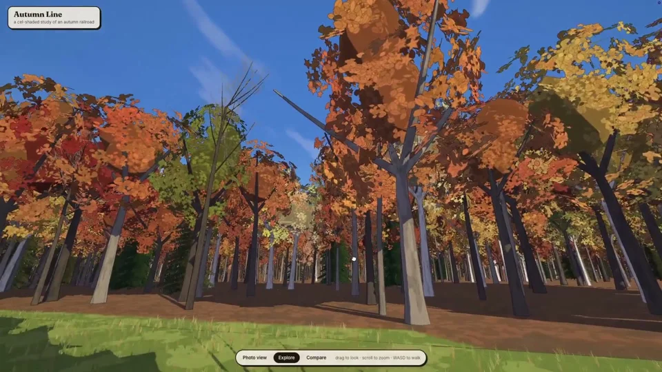 Autumn railway line runs through a cel-shaded forest scene