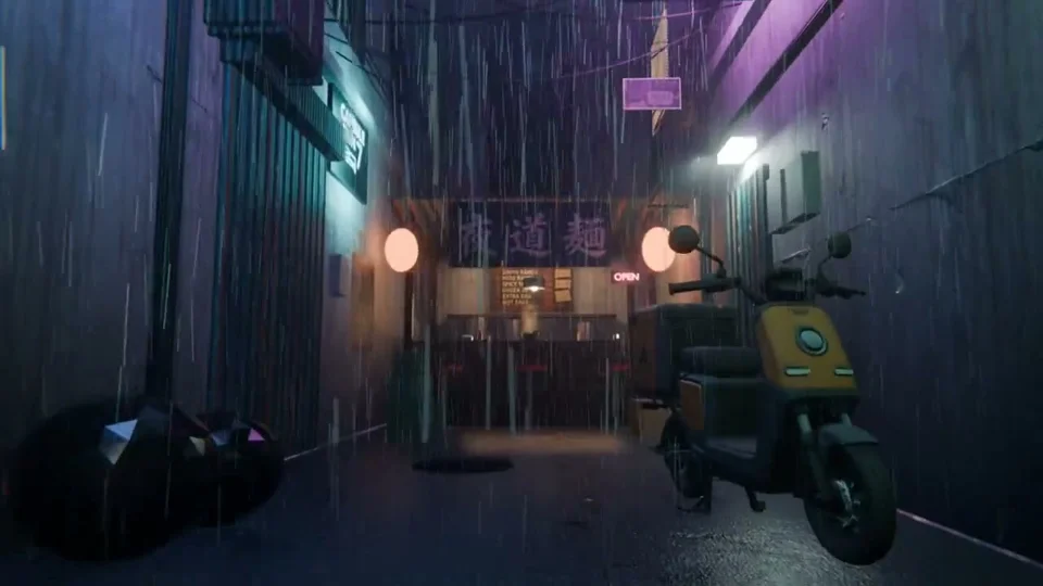 Rainy neon alley with a ramen shop and parked scooter
