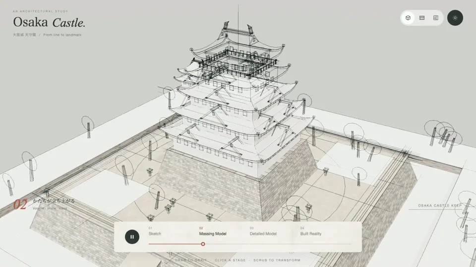 Osaka Castle rises from line sketch to massing model