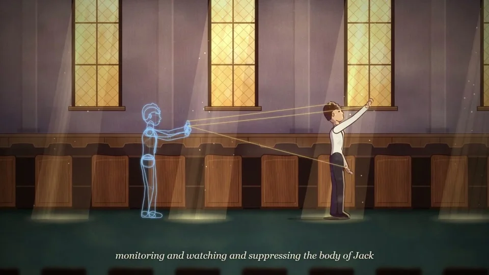 Ghostly figure puppeteers a man in a sunlit hall