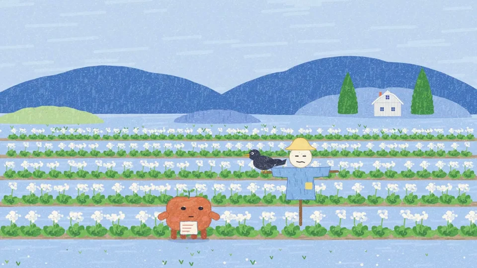 Crayon-textured tomato walks through a flower field