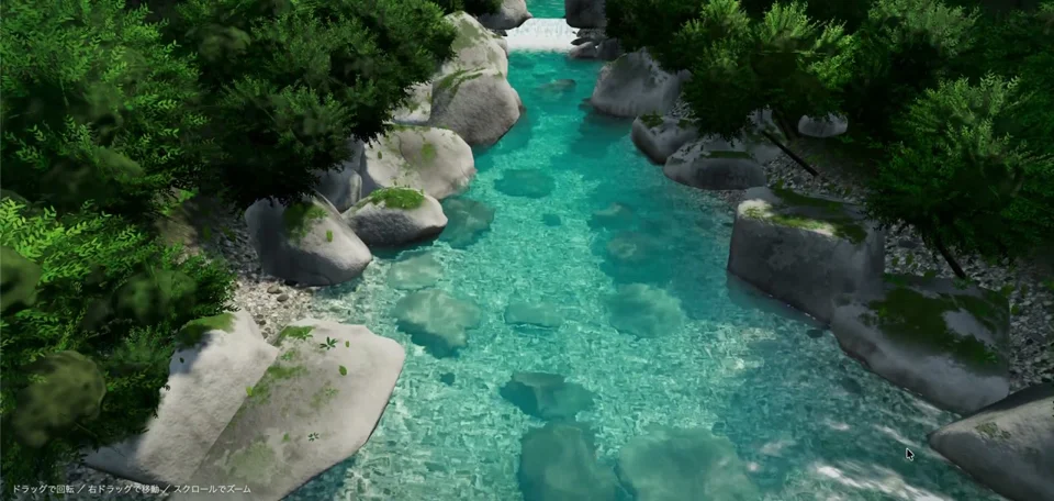 Clear mountain stream with mossy boulders built in Three.js