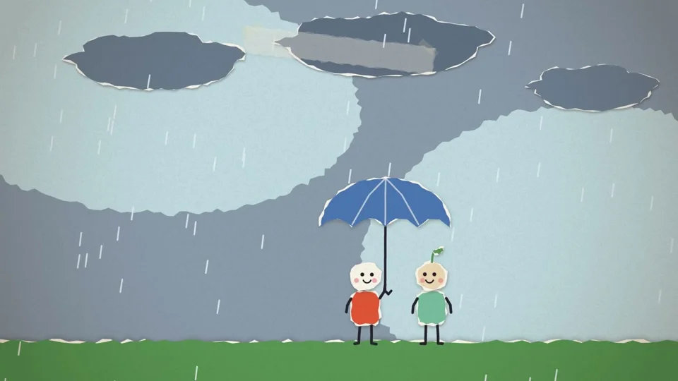 Paper-cut friends share an umbrella in the rain