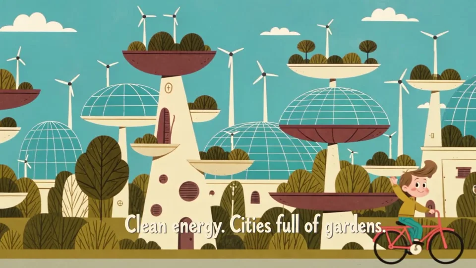 Storybook eco-city with domes and wind turbines