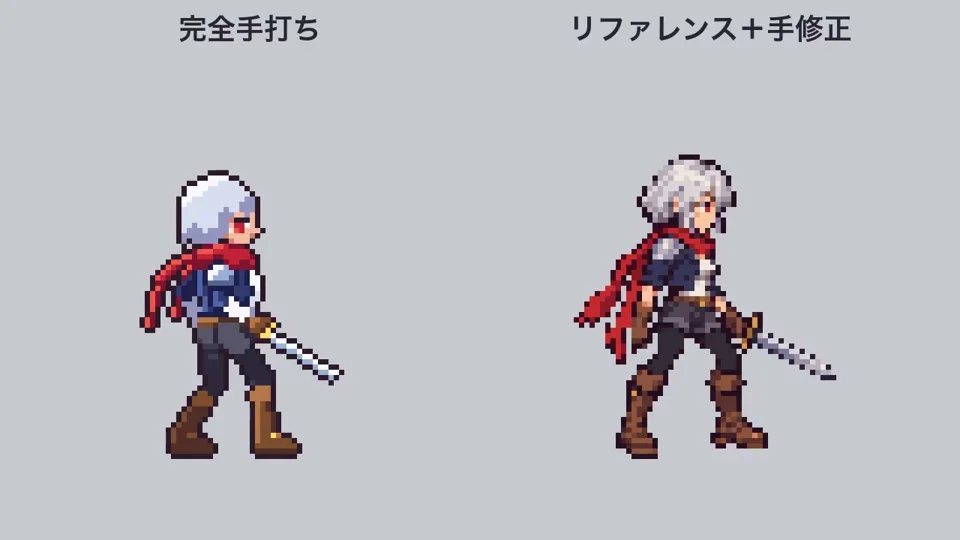 Pixel-art knight with a red scarf runs and idles in sprite loops