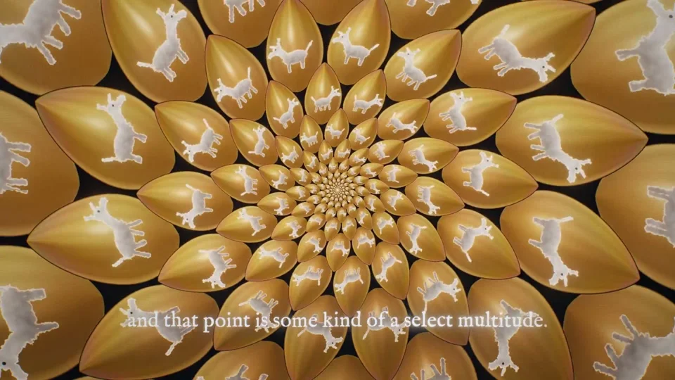 Kaleidoscope of golden petals carrying white dogs