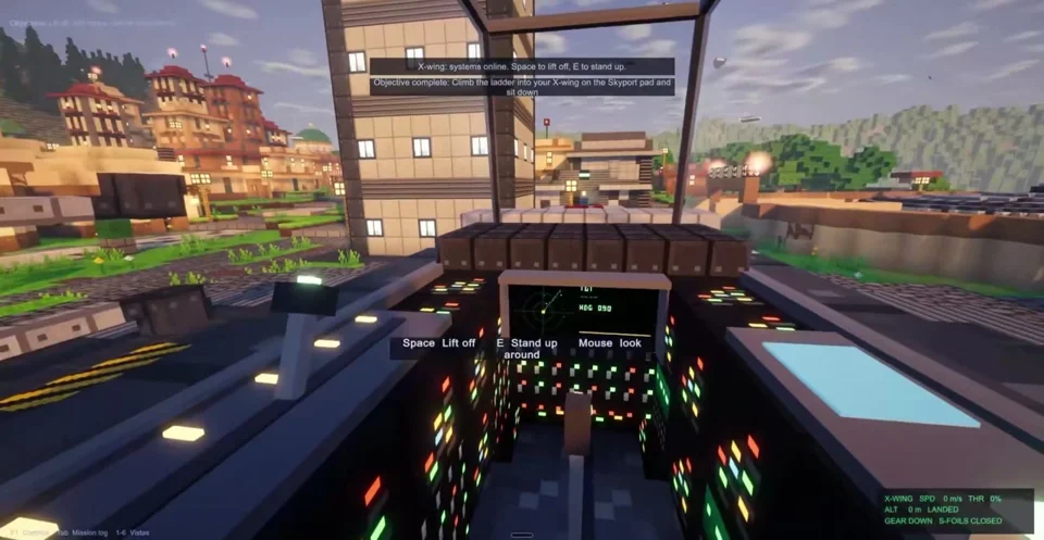 Voxel X-wing cockpit on a Minecraft-style skyport