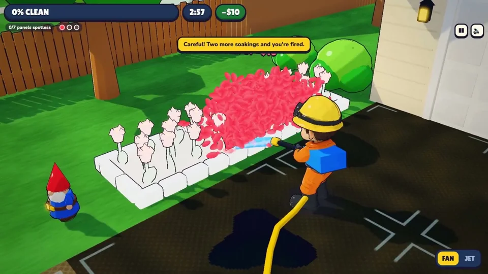 Pressure-washing game where you must spare plants and cats