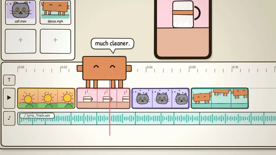 Cartoon box character edits its own video inside a toy editing app