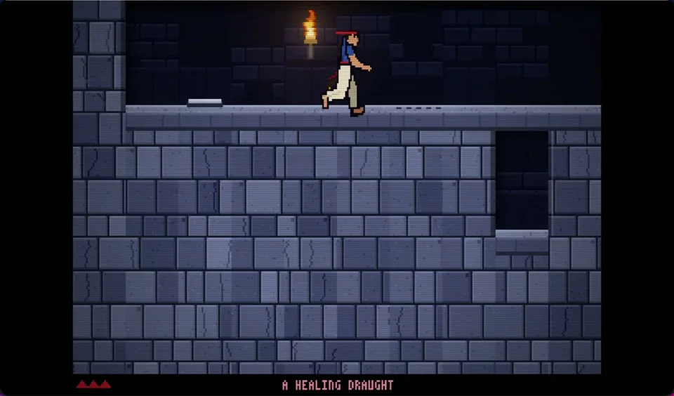 Prince of Persia-style pixel-art dungeon level with torches