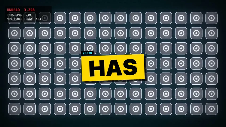 Yellow caption word pops over a grid of unread icons