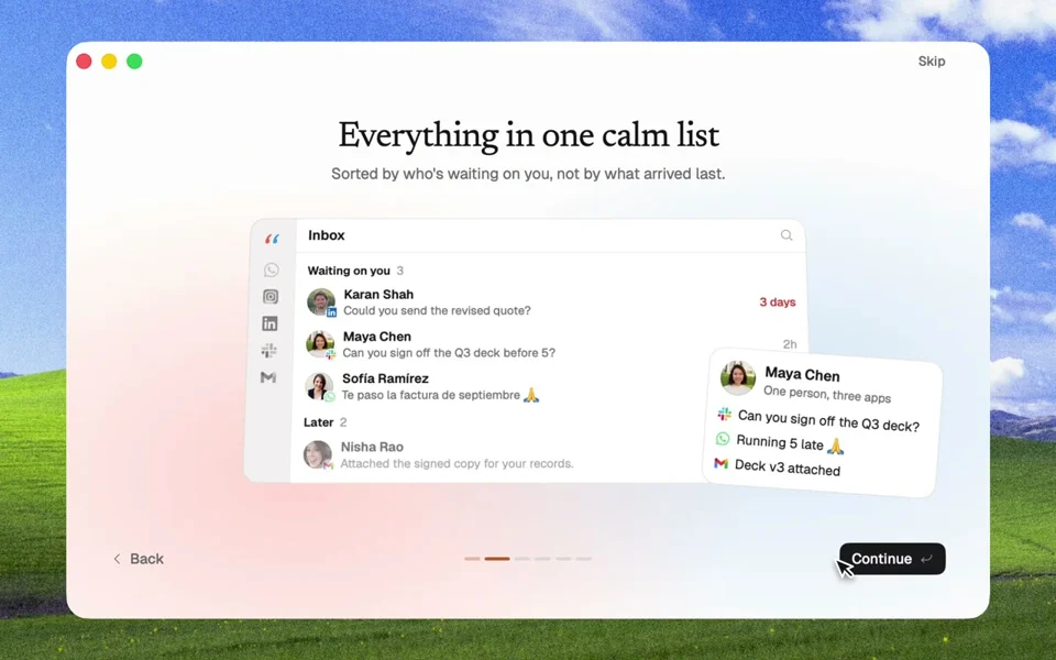 Mac app onboarding sorts messages into one calm list