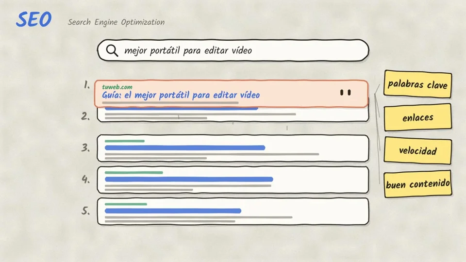 Sketch-style Spanish explainer on SEO versus GEO