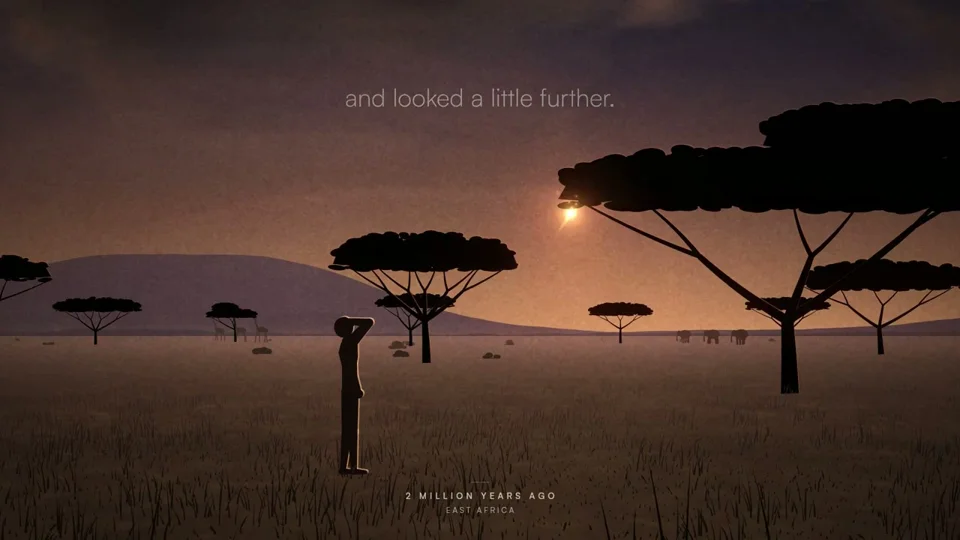 Silhouetted early human on the savanna in a human-origins film