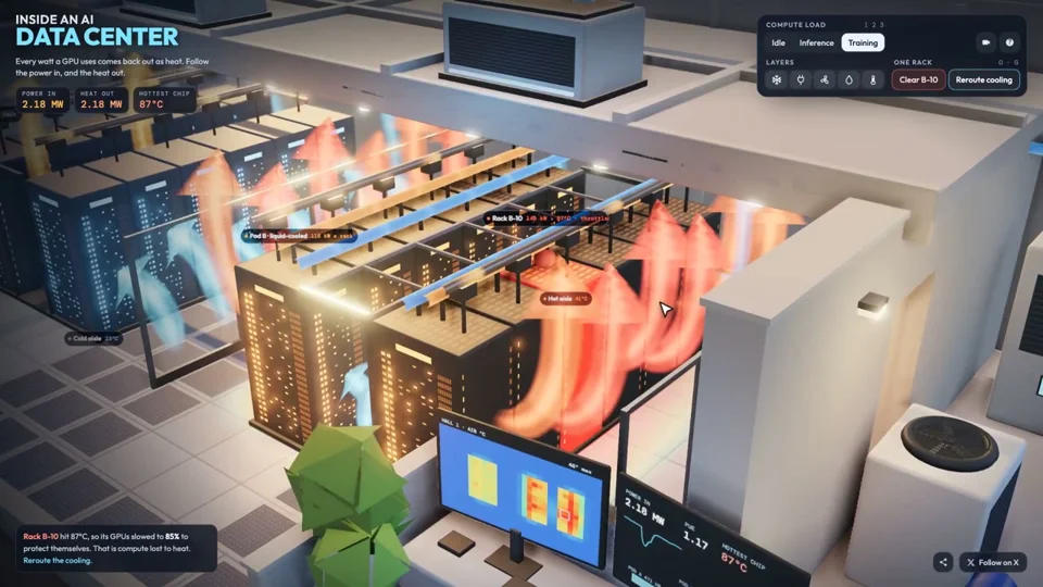 Interactive 3D data center that tracks GPU heat to the roof