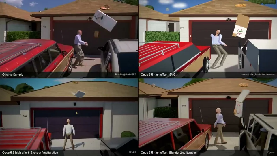 Breaking Bad pizza toss next to three Opus rebuilds