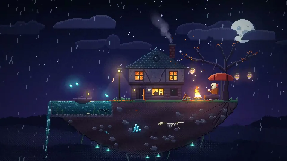 Rainy pixel-art floating island with a cottage and campfire