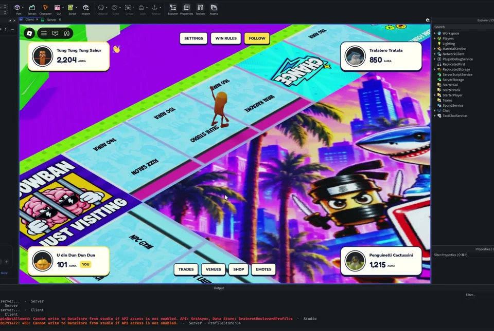 Brainrot-themed Monopoly board running in Roblox