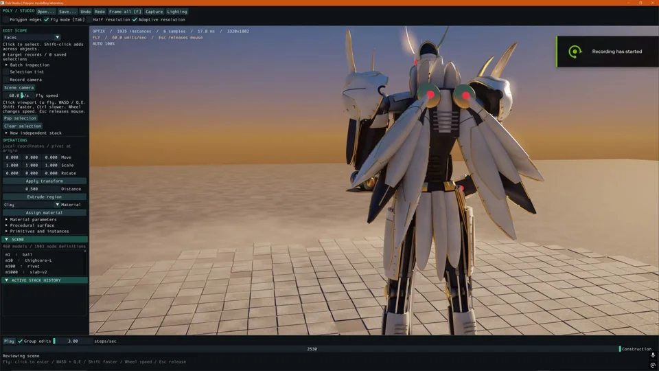 Winged white mech in a path-traced custom 3D editor