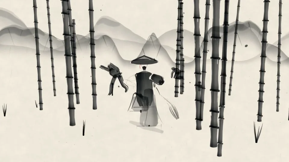 Sumi-e ink samurai short in a bamboo forest