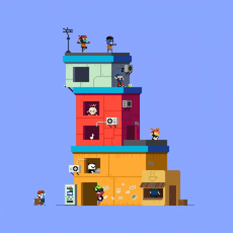 Pixel-art apartment block full of tiny busy residents