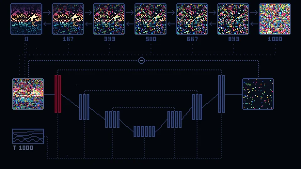 Pixel-art diagram of a diffusion model denoising an image
