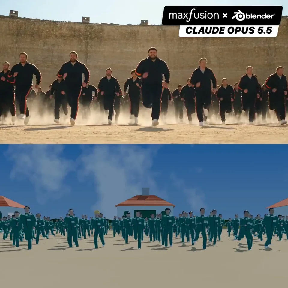Running-crowd film shot rebuilt as a Blender blockout