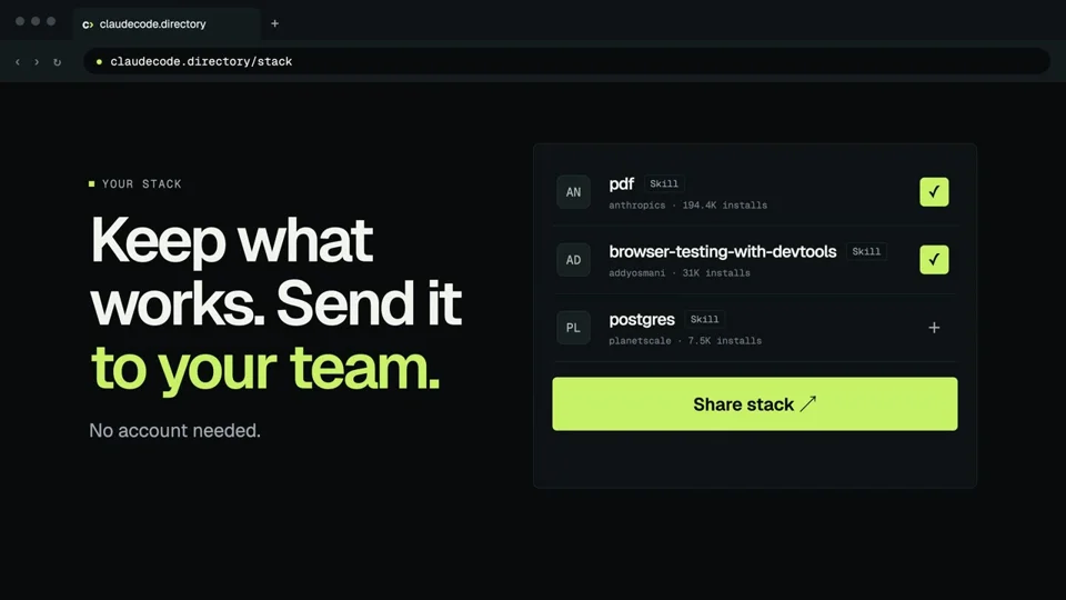 Browser-framed launch video for a Claude Code tools directory