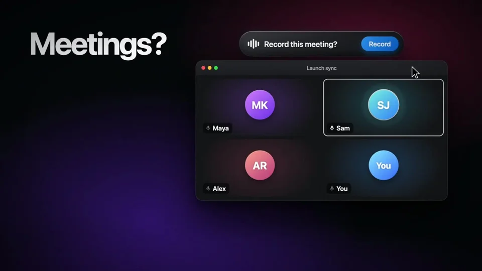 Promo asks 'Meetings?' over a dark video-call mockup